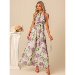 NWT JJs House Floral Print Halter A-Line Chiffon Maxi Bridesmaid Dress White XXL